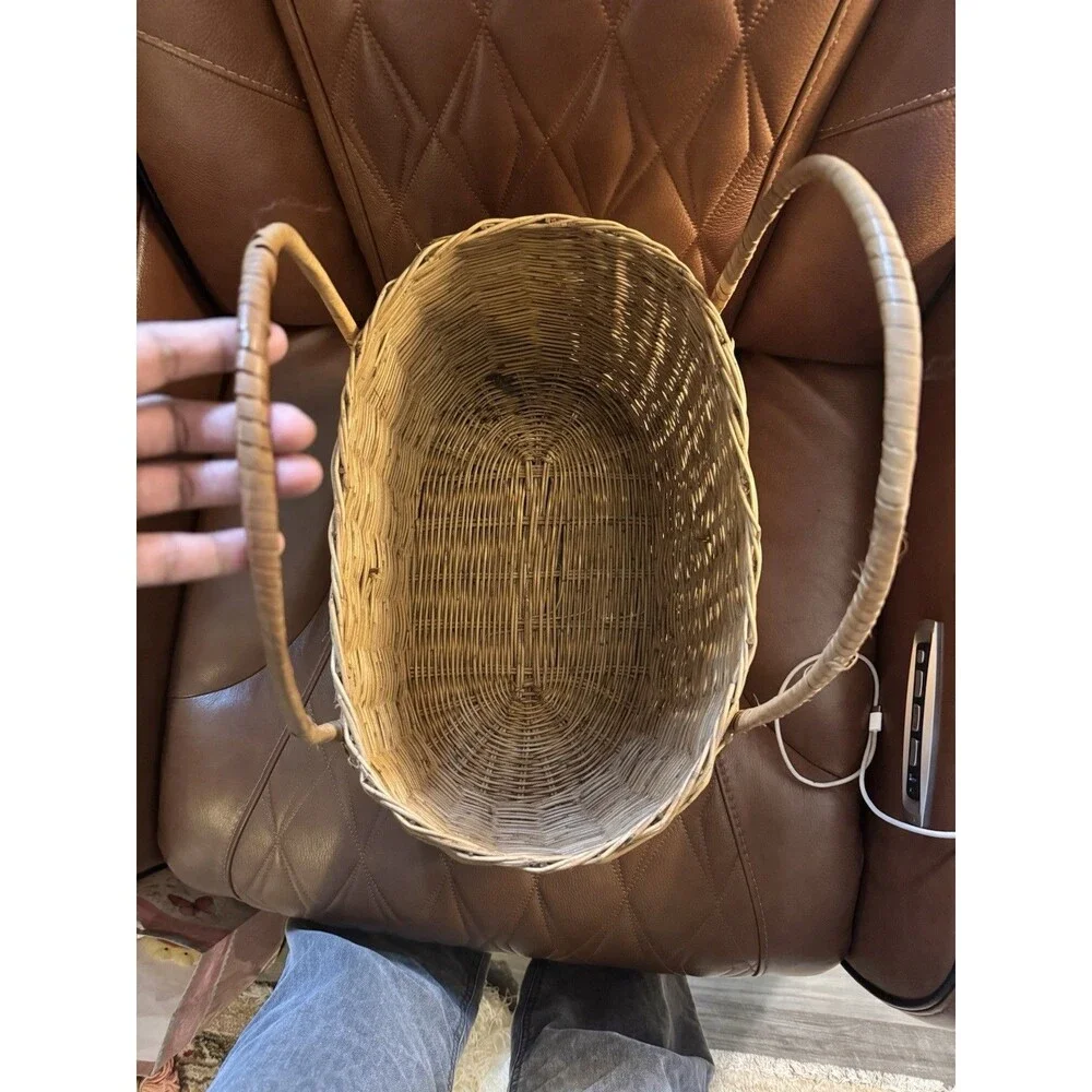 Vintage Large Wicker Basket with Handles Rustic Farmhouse Storage Laundry